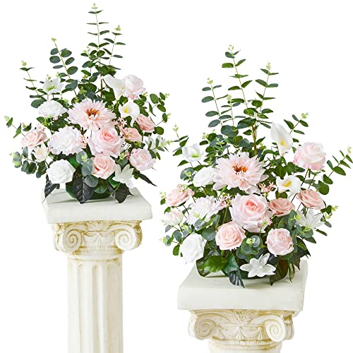 Tinge Time Free-Standing Artificial Flower, Set Of 2, Table Centerpiece With Rubber Pad, Silk Fake Flower For Wedding Centerpiece Archway Aisle Welcome Entrance (Pink&White) #TOP17