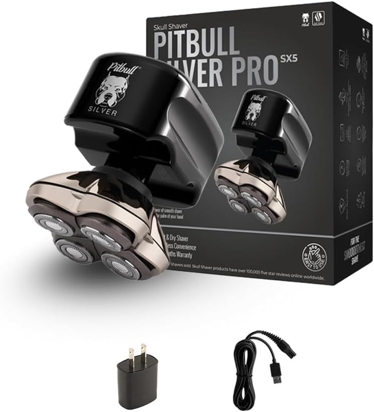 โ Skull Shaver Pitbull Silver Pro SX5 โ Head and Face Shaver โ Electric for Men, Wet & Dry, Cordless, Water Resistant โ Enhanced Performance