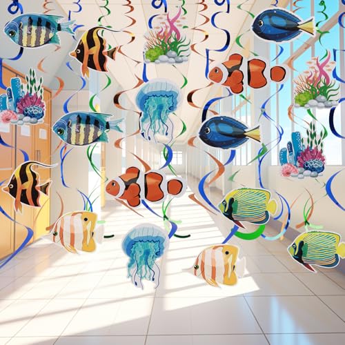 RAFIYU 48 Pièces Tourbillons Suspendus de Poissons Tropicaux Décoration de Fête, Spirales Suspensions Décoration de plafond à Suspendre pour Fête sur...