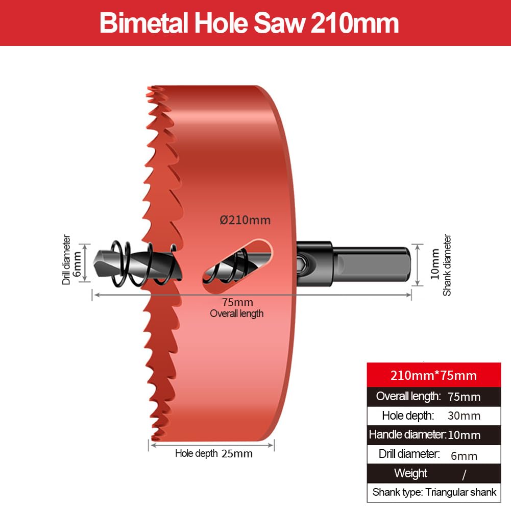 Otwornica 210 mm, uniwersalna stal szybkotnąca M42, bimetalowa, otwornica z trzpieniem sześciokątnym i wiertłem do drewna, płyt gipsowo-kartonowych, PCW 210 mm
