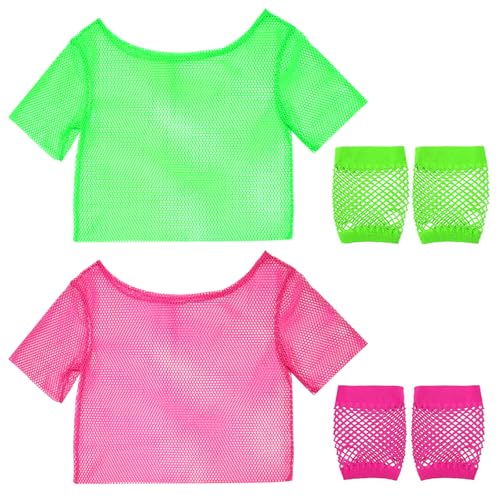 MIPIACE 2 Piezas Disfraz años 80 Mujer Camiseta Rejilla Red de Neón Disfraces Años 80 y 2 Pares Guantes Déguisement Année 80 Disfraz Camiseta de Malla para Spectacles Sur Scène Carnavals Cosplay