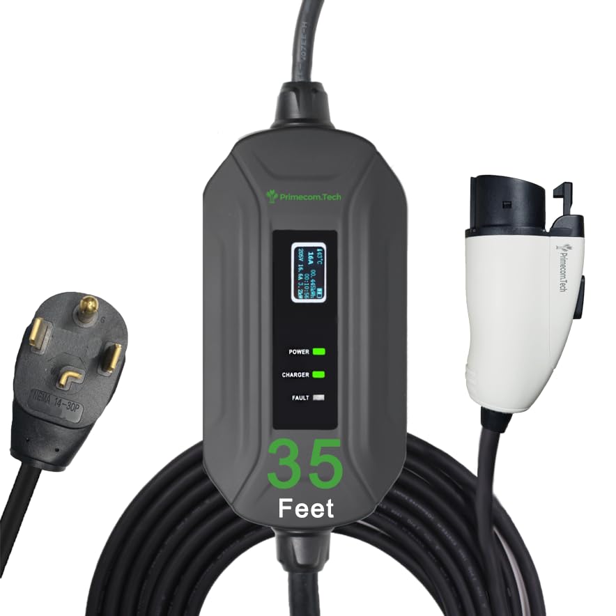 PRIMECOM Level 2 Electric Vehicle (EV) Charger (220V / 240Volt, 16Amp) Portable EVSE Smart Electric Car Charger, 30', 40', and 50 Feet Lengths (NEMA 14-30P, 35 Feet)