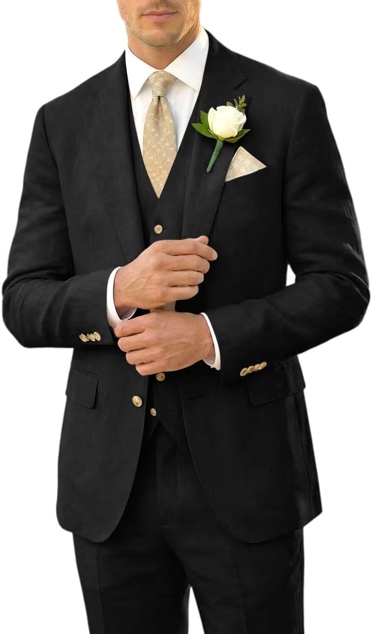 3 Piece Linen Suit for Men Retro Slim Fit Summer Beach Wedding Groom Prom Mens Suits Tuxdo Blazer Jacket Vest Pant