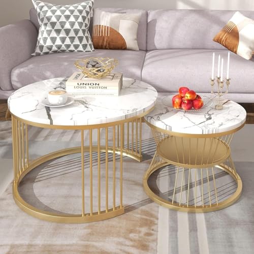Image of Brown Art SHOPPEE Round Coffee Table Home Decor Furniture Coffee Table Sets,2 Piece MDF Top,Stacking Nesting Table with Iron Frame for Living Room Living Room or Lounge (Gold & White)