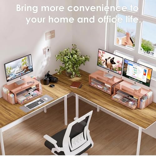Image of OPNICE Computer Monitor Stand Riser, Desk Organizer with Drawer, Printer & Laptop Stand, Office Desk Accessories & Workspace Desktop Organizers Storage for Office Supplies(Rose Gold)