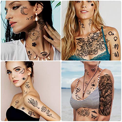 49 Sheets Half Arm Black Flowers Crown Clock Whale Lotus Collection 3D Waterproof Temporary Fake Tattoos Stickers For Women And Girls On Body Shoulder Face Leg Feet #TOP3