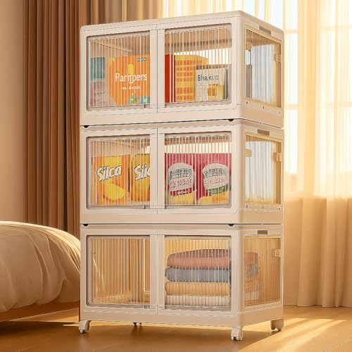 Image of Sunderlook Plastic Wardrobe for Kids Clothes - Standing Desk Premium Comfort Foldable Collapsible Wardrobes for Clothes, Large Plastic Cupboard for Kids, Men and Women (Classic White, 3 Door)