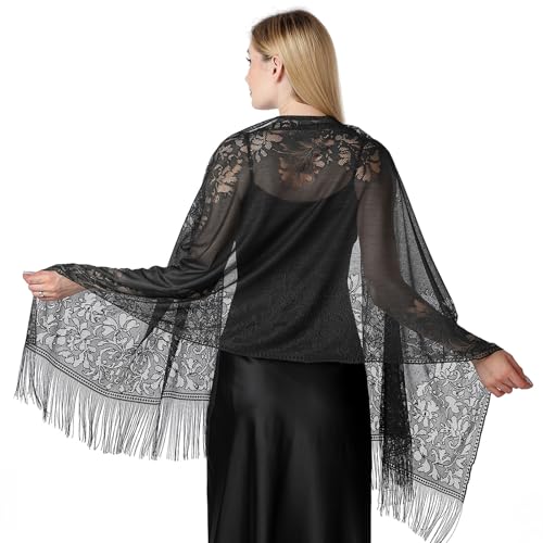 Black Lace Shawl Wraps for Women Shoulder Wraps for Dresses Ladies Black Scarf Formal Dress Cover Up Shrug Evening Parties Wedding Shawls Shall Long Stylish Shawl Formal Dresses Shrug2