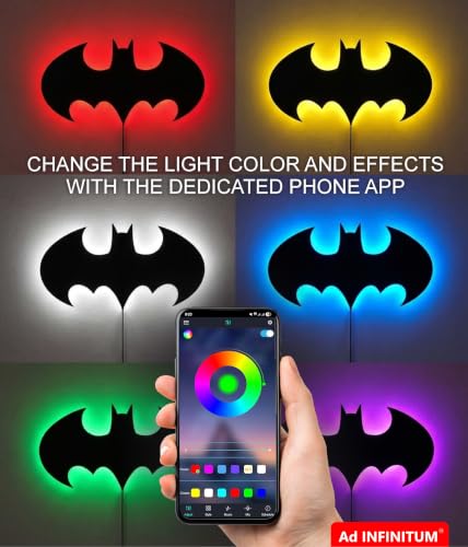 Image of AD INFINITUM 16 Colors Superhero LED wall Lamp with Mobile App Control, Comic Lover, Night Lamp, for Gift, Kids Room, Gaming Setup, Gaming Room, Man Cave. (The Bat man Multicolor)
