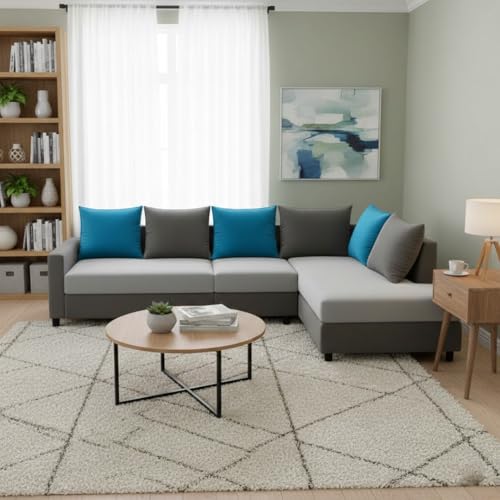 Image of FURNY Glory 6 Seater RHS Fabric Sofa Set (Dark Grey-Light Grey-Aqua Blue) with Velvet Finish | Durable Comfort | Ideal for Living Room | Breathable material