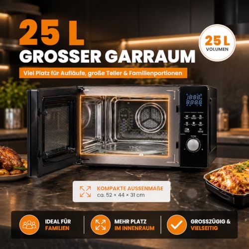 Sommertal 4in1 Mikrowelle 25L | 2200W, Grill, Airfryer, Touch, 8 Programme | Heißluft-Fritteuse & Konvektion, 60 Min Timer, Kindersicherung, Express-Start, Schwarz, Tischmikrowelle, inkl. Crisp-Pfanne – Bild 4