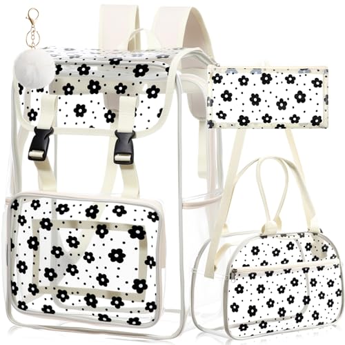3pcs Clear Backpack Heavy Duty See Through Bookbag with Lunch Bag Pencil Case Key Chain for Women Stadium Approved(Daisy)