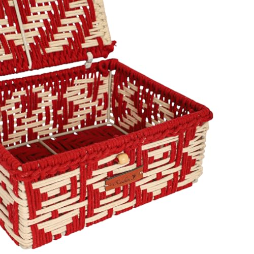 Image of Kaahira Handmade Decorative Storage Box and Organiser | Macrame Gift Hamper Box for Cosmetics, Toiletries & Return Gifts | Aesthetic Rope Woven Organizer (Red and White, Medium - 10x8x4 inches)