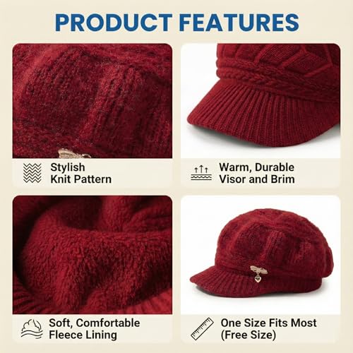 Image of Kraptick Women's Winter Knit Visor Beanie Hat with Soft Fleece Lining, Stylish Woollen Slouchy Warm Cap for Ladies, Snow Sun Shield Knit Cap for Winter -2