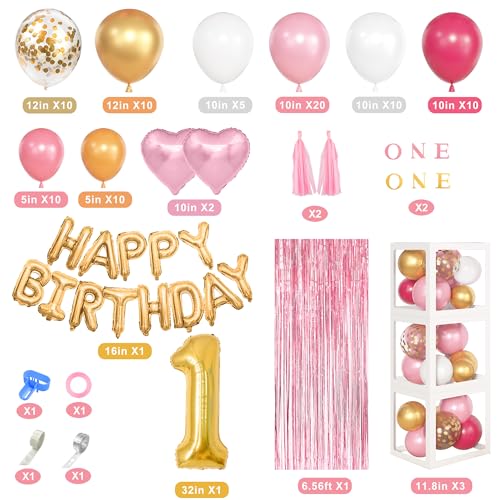 Image of 101Pcs Baby First Birthday Decorations for Girl with Balloon Boxes, Rose Red Pink Crown 1st Confetti Foil Balloons Arch Kit for 1st Birthday Decorations Baby Girl
