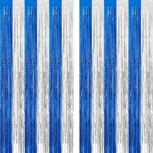 Image of Silver and Blue Tinsel Backdrop Foil Fringe Curtains, 2Pack Birthday Door Decorations Photo Backdrop, Party Streamers Supplies for Bachelorette, Graduation, Christmas, Disco Decor New Year Decorations