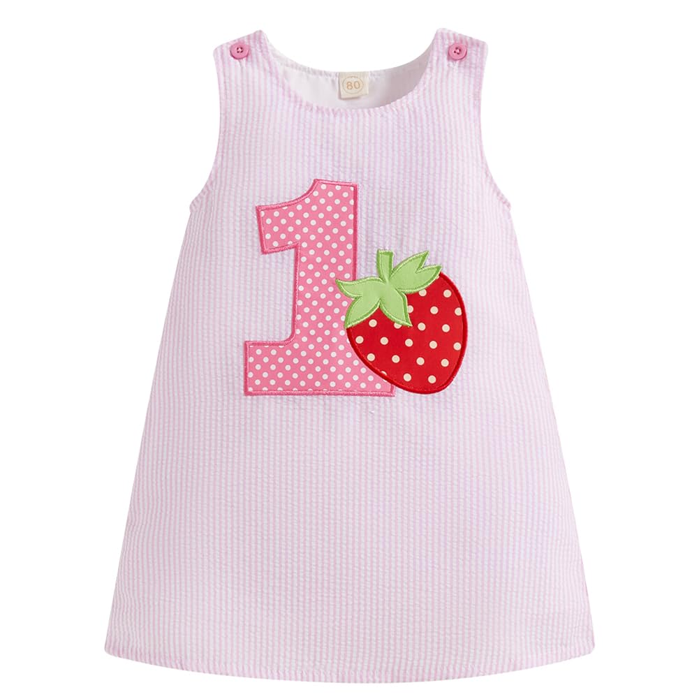 Baby Girls First Birthday Outfit 1st Birthday Cake Smash Dress Sleeveless Embroidery One Year Old Dress (Pink Strawberry, 12-18 Months)