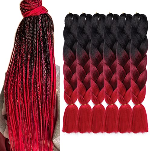 MAYSA Synthetic Ombre Jumbo Braiding Hair Extensions For Women Color Braid Hair Extension Braiding Hair Pre Stretched 24" 6Pack Black to Burgundy to Red