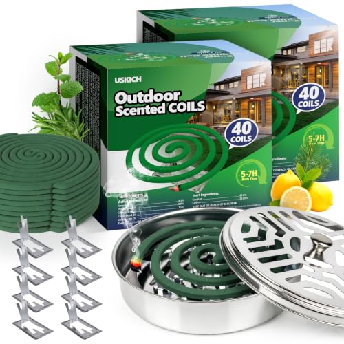 Natural Essential Oil Scented Coils for Outdoor Patio & Backyard Fresh Long-Lasting Aroma Each Coil Burns 57 Hours Includes 80 Coils 4 Holders & 8 Stands