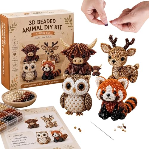 Generisch Mini 3D Perlen Tier Bastelset Perlen Stickerei Set für Erwachsene & Anfänger 4 Designs mit Anleitung Kreatives Geschenk für Bastler & Designer (forest friends)