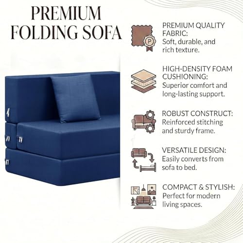 Image of Rosebell Single Seater Foldable Sofa Cum Bed (3x6 Feet) Jute Fabric, Washable Removable Cover, Includes 1 Cushion | Space Saving Convertible Sofa Bed for Home, Office & Guests - Blue