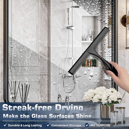 Image of Stainless Steel Shower Squeegee for Glass, Includes 3 Adhesive Hooks, Shower Door Squeegee for Bathroom, Household Window, Car Windshield, Mirrors, Tiles Scrubber Clear, 12 inch Black