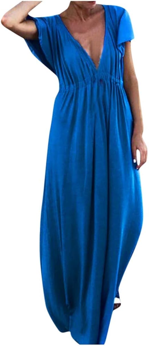 VgguDoe Strandkleid Damen Lang - Luftig Leinenkleid Mit V-Ausschnitt Für Sommer Und Festlichkeiten