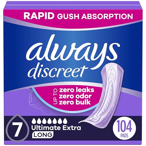 Always Discreet Adult Incontinence Pads for Women, Ultimate Extra Absorbency, Long Length, Postpartum Pads, 104 Count (4 Packs of 26)