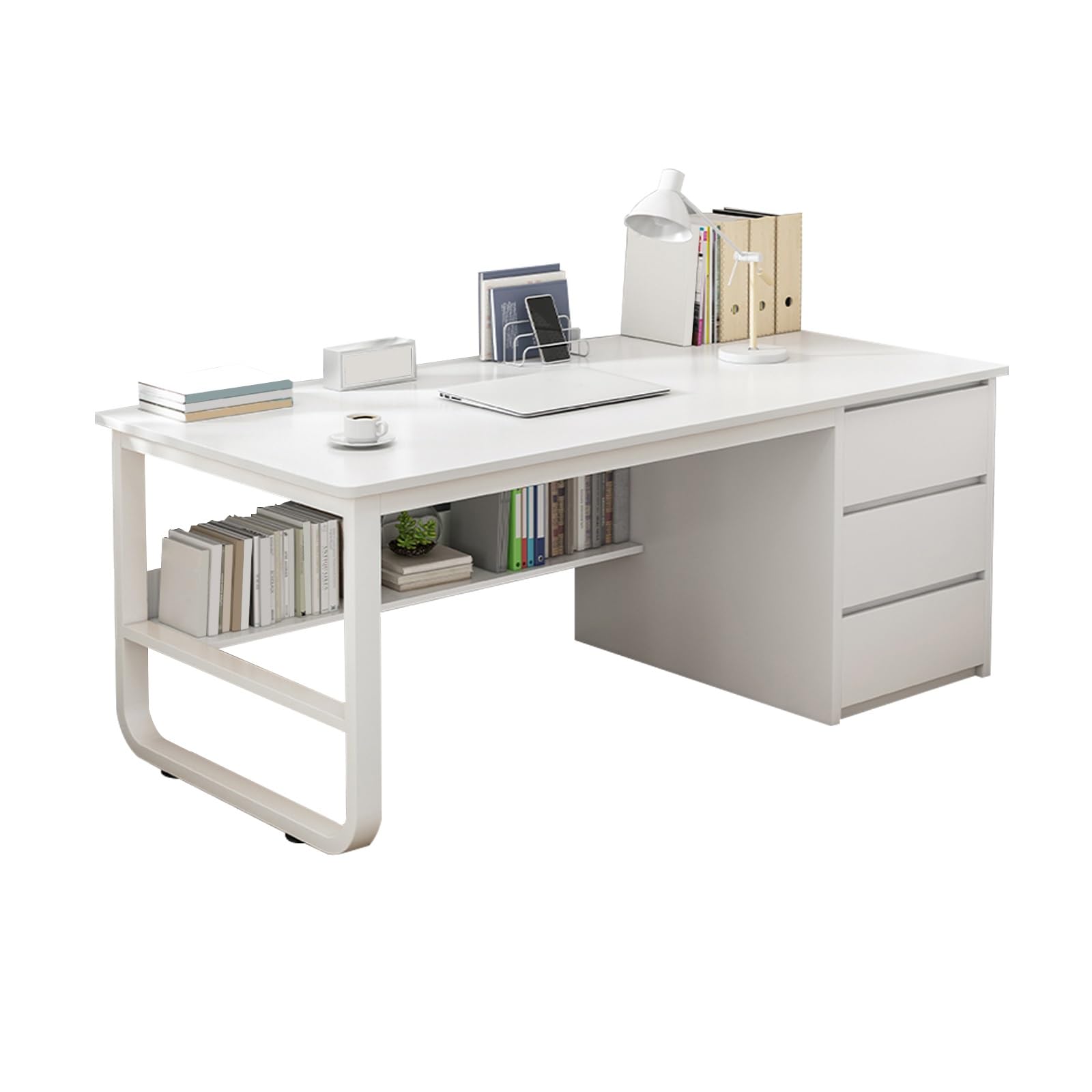 Bureau d'ordinateur blanc 120x50x75 cm avec tiroirs et étagère de rangement pour le télétravail