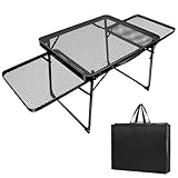 キャンプテーブル 折畳 サイドテーブル メッシュテーブル 焚き火テーブル 大きなスペース ローテーブル アウトドア BBQ 登山 バーベキュー 耐熱 軽量 サイド付き 超軽量材質 耐荷重40kg アルミ製 携帯便利 収納袋付き (98X42X40cm)