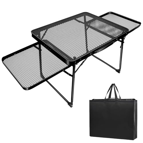 キャンプテーブル 折畳 サイドテーブル メッシュテーブル 焚き火テーブル 大きなスペース ローテーブル アウトドア BBQ 登山 バーベキュー 耐熱 軽量 サイド付き 超軽量材質 耐荷重40kg アルミ製 携帯便利 収納袋付き (98X42X40cm)