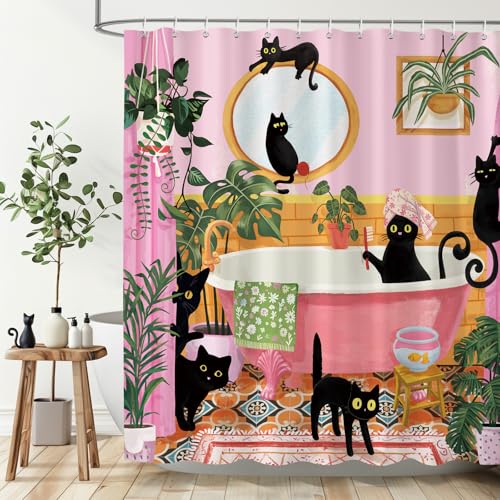 Dazzlewall Funny Cat Shower Curtains for Bathroom Pink Boho Quirky Black Cat Bathroom Shower Curtains Matisse Plants Bathing Curtains with Hooks 72x72 in