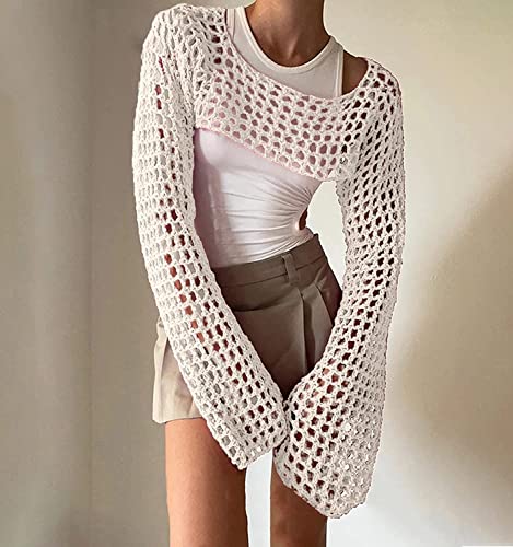 Image of PICPUNMAK Women's Crochet Shrug Sweaters See Through Tops Mesh Cover Up Top Knit Bolero Sweater for Women Y2k Tops White
