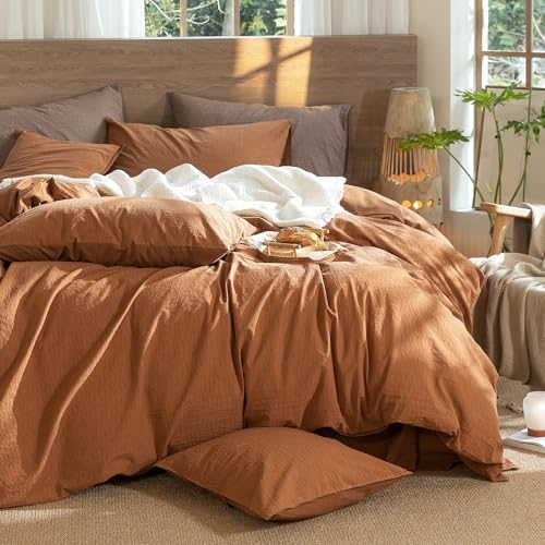 Image of MooMee Wavy Striped Duvet Cover Set 100% Washed Cotton Linen Like Textured Breathable Durable Soft Comfy (Dark Orange, Queen 90 inchx90 inch)