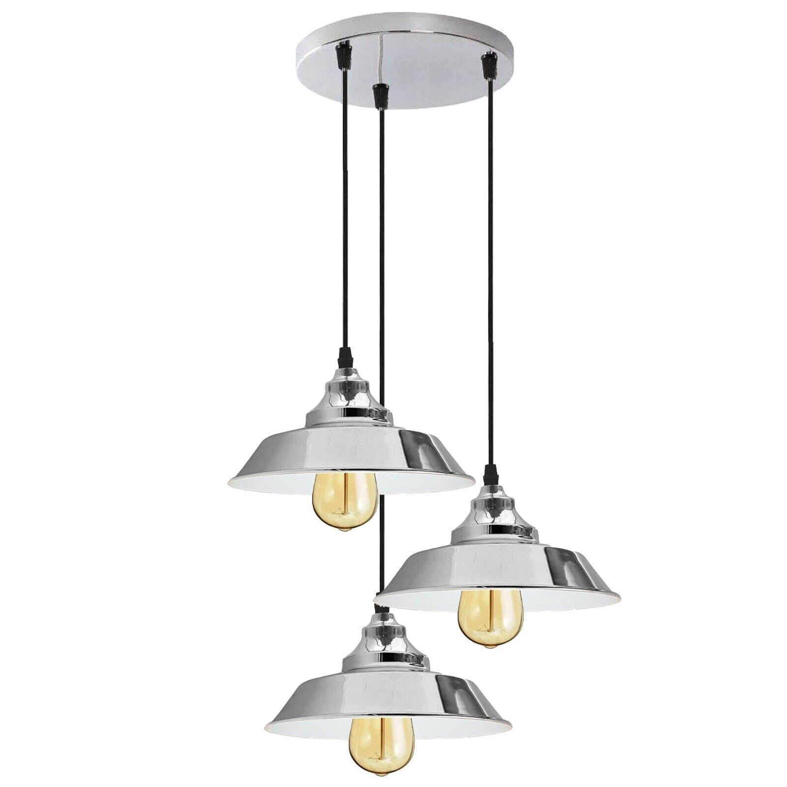 LEDSone 3 Head Chrome Pendant Light Fittings, Bowl Shade Suspended Loft Triple Hanging Pendant Ceiling Lights with Adjustable Cable for Kitchen Island Living Room Dining Room