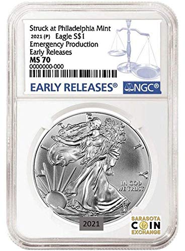 2021 Sin marca de ceca Producción de emergencia Silver Eagle Minted Philadelphia Mint Graded NGC MS-70 $1 NGC MS-70