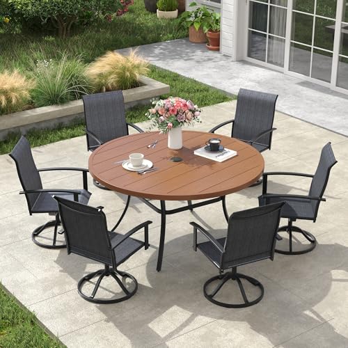 Image of VICLLAX 50 inch Round Patio Table, Outdoor Dining Table for 6 with Umbrella Hole for Garden Lawn Deck Backyard, Walnut