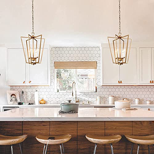 Classy Leaves Gold Chandelier, 4-Light Modern Lantern Gold Pendant Light With Rotatable Framework For Kitchen Island, Dining Room, Foyer And Entryway, Antique Brushed Gold, 16.2" W X 20" H #TOP2