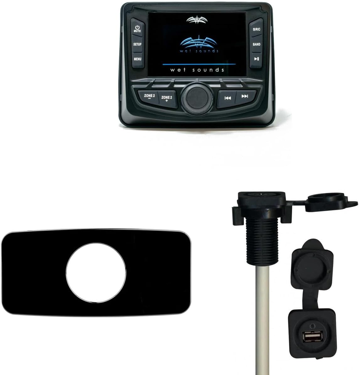 Wet Sounds WS-MC-2 with Marine SEADASH3B Universal Marine 3" Radio Dash Kit - Black, and SMRAUXUSB3 USB/Aux