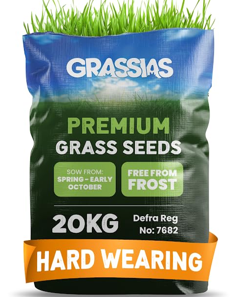Grassias Premium Hard Wearing Grass Seed 20KG Premium Quality Lawn Seed for Overseeding & New Lawns Pet Friendly - Perfect Grass Seeds for UK Lawns - Defra Approved Lawn Seeds