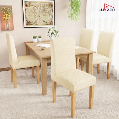 Image of Lukzer Elastic Dining Chair Cover - 6PC Pastel Yellow Grid Maze | Textured High Stretch Jacquard Seat Cover | Removable Washable Short Dining Chair Cover Protector Seat Slipcover | (CC-105-6)