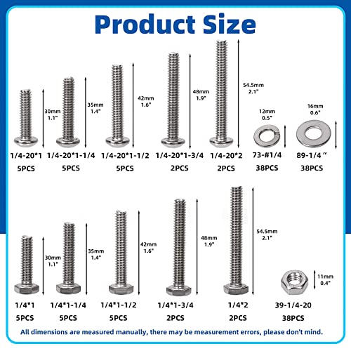 Glarks 152Pcs Vis à tête de pan Phillips 1/4" & Vis extérieures en hexagone avec écrous et rondelles à plat Kit d'assortiment de rondelles, 304 Ensemble d'assortiments de vis de machine en acier inoxydable