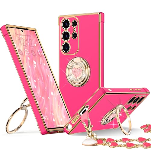 Image of XYZ for Samsung Galaxy S25 Ultra Case with Stand, Phone Case with Double Ring Kickstand, Women Girls Bling Luxury Protective Case Heart for Galaxy S25 Ultra 6.8'', Hot Pink