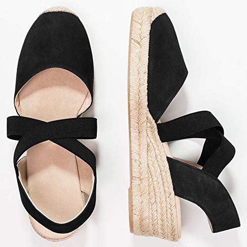 PiePieBuy Womens Espadrille Platform Wedge Sandals Closed Toe Mid Heel Ankle Sandals Black - Thumbnail 2