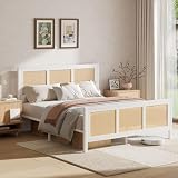 CHABUILDREARK Rattan Bed Frame Queen, Boho Bed Frame with Headboard, Queen Platform Bed Frame with Strong Metal Slats, No Box Spring Needed, Noise-Free, Easy Assembly, White