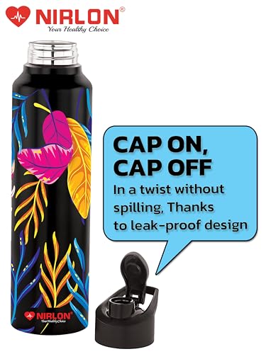 Image of NIRLON Classic Flip UV Printed Single Wall Stainless Steel Sipper Cap Water Bottle 1000ml |Fridge Water Bottle| Office Bottle|Gym Bottle|School Bottle|Treking Bottle|Travel Bottle (Lucid Black)