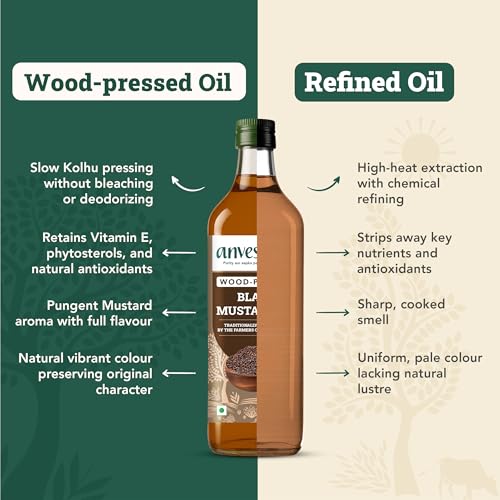 Image of Anveshan Wood Cold Pressed Mustard Oil - 1L | PET Bottle | Kacchi Ghani | Black Mustard Oil | A1 Grade Mustard Seeds & 0 trans fat| Rich Aroma | Naturally Cholesterol Free & Goodness of Omega 3