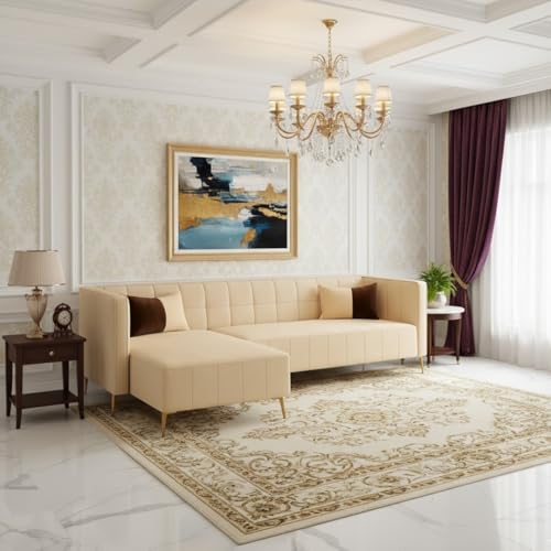 Image of SOCOZI Stylluxe 6 Seater Velvet Fabric LHS L Shape Sofa Set for Living Room |Fabric L Shape Sofa Set for Home & Office (Cream)