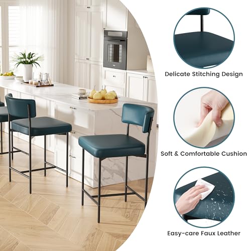 Image of Bar Stools Set of 2, Faux Leather Counter Height Barstools with Curved Back, 25 Inch Upholstered Bar Chairs, Modern Counter Stools for Kitchen lsland, Dark Blue