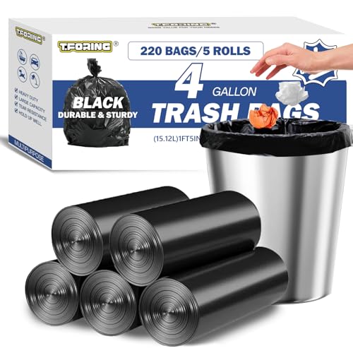 Image of Small Trash Bags 4 Gallon Heavy Duty, 0.94 Mil, Black, 220 Count | 15 Liter Garbage Bag, Plastic Waste Basket Can Liners, Unscented, Leakproof, Tear Resistant, for Bathroom Office Car Bulk